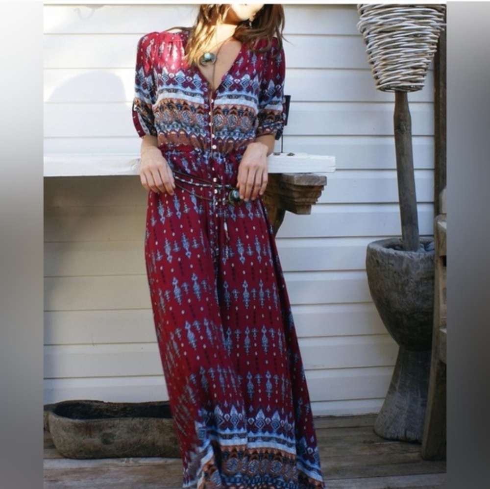 Bohemian Red Maxi Dress Button Front Print Slit Boho Duster Cardigan Casual XL - Picture 4 of 12